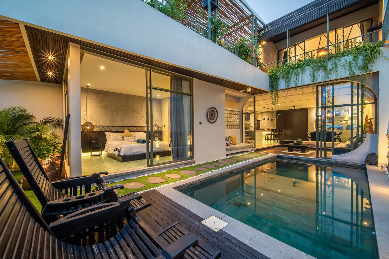 Completed courtyard pool at Rooftop Art Villa at dusk