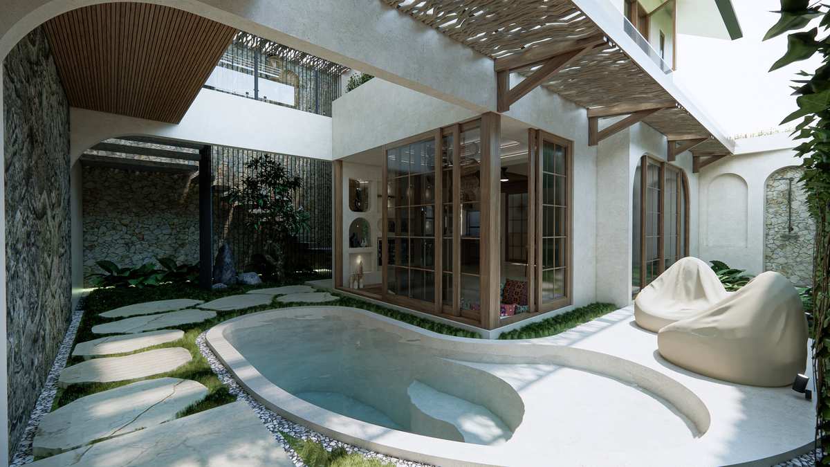 Three-bedroom villa pool and garden courtyard