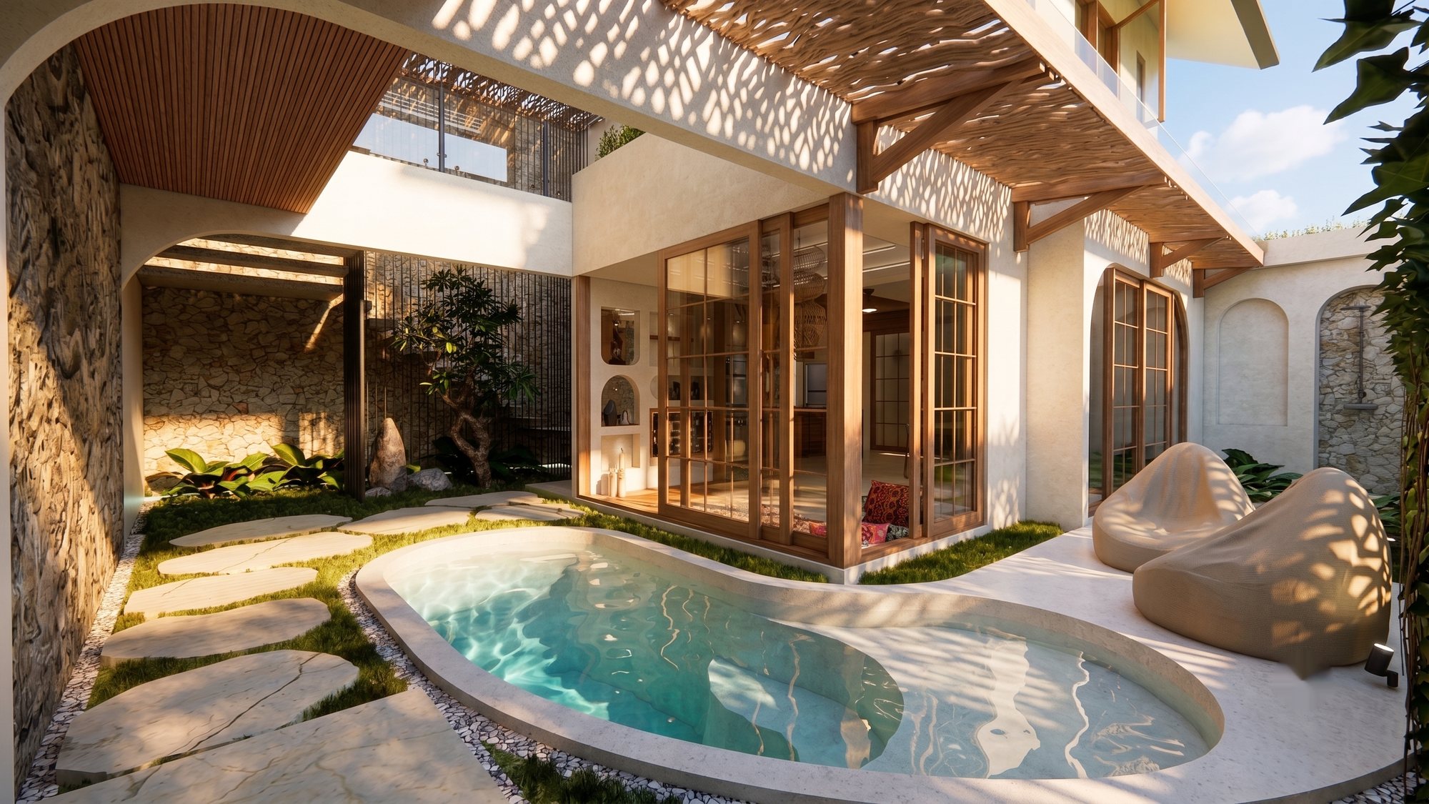 Architectural visualisation of a NOYA villa and private pool in warm evening light